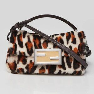 Fendi White/Brown/Black Leopard Print Calf Hair Baguette Crossbody Phone Bag ...